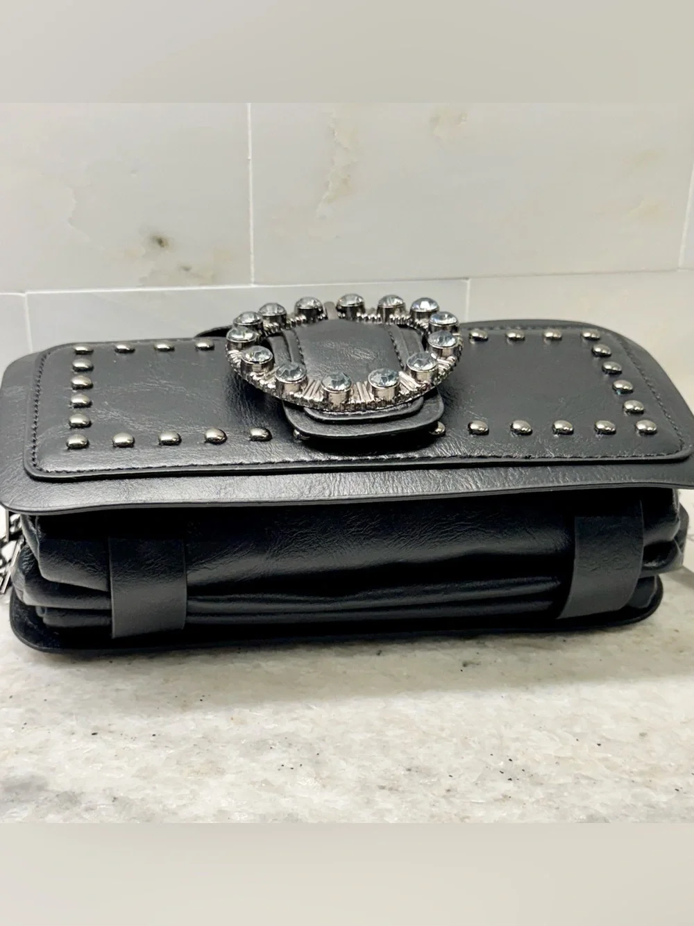 New Black Faux Leather Studded Crossbody Shoulder Bag Purse w/ Chain Strap 8”x4”